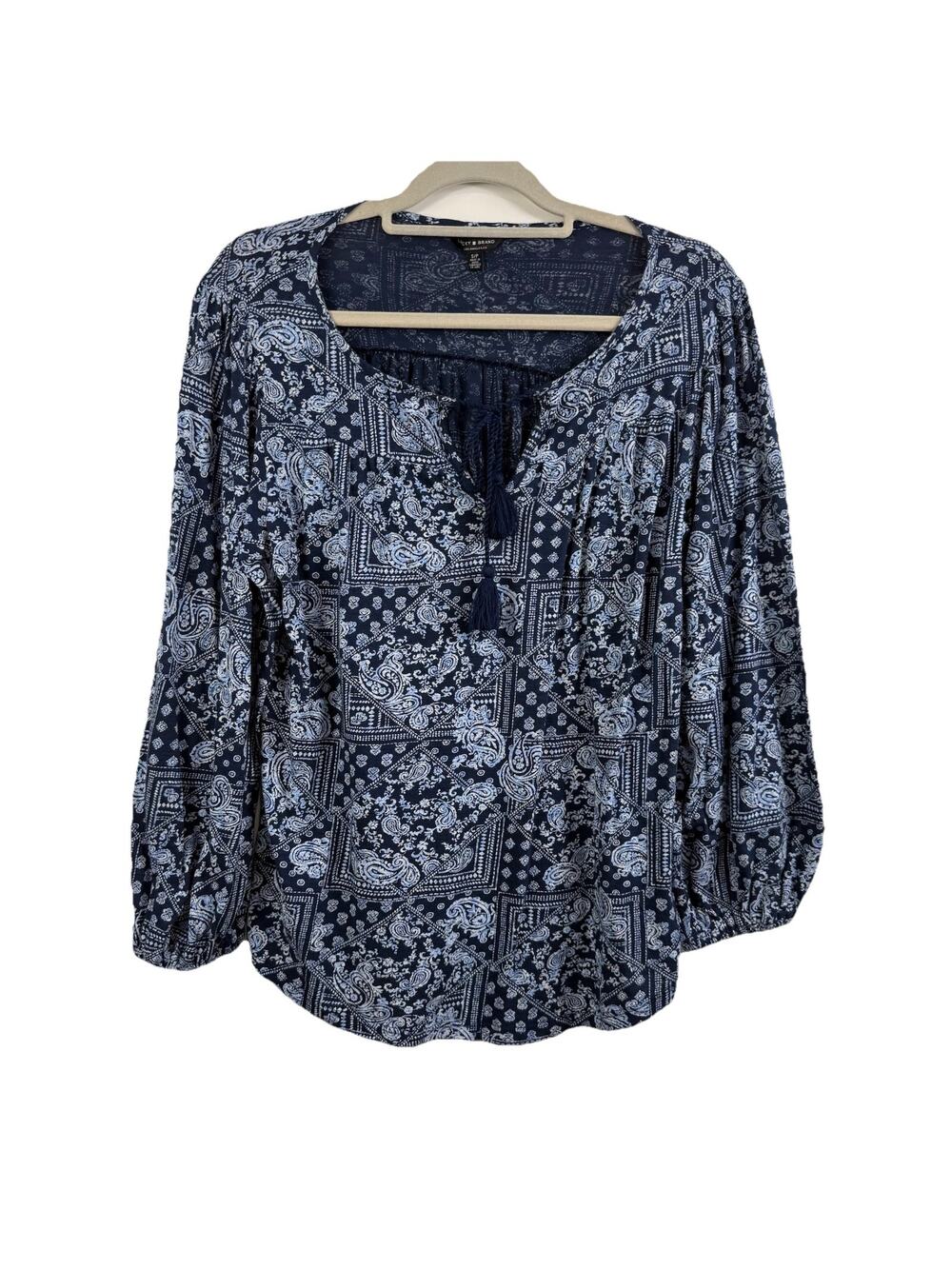 Lucky Brand Blue Paisley Peasant Top Small Tassel Tie Neck Balloon Sleeves Boho
